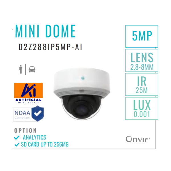 IP Mini Dome Vandal Proof 5MP Camera with AI