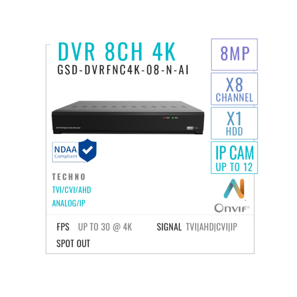 8 Channels DVR Recorder 8MP/4K with AI + HDD