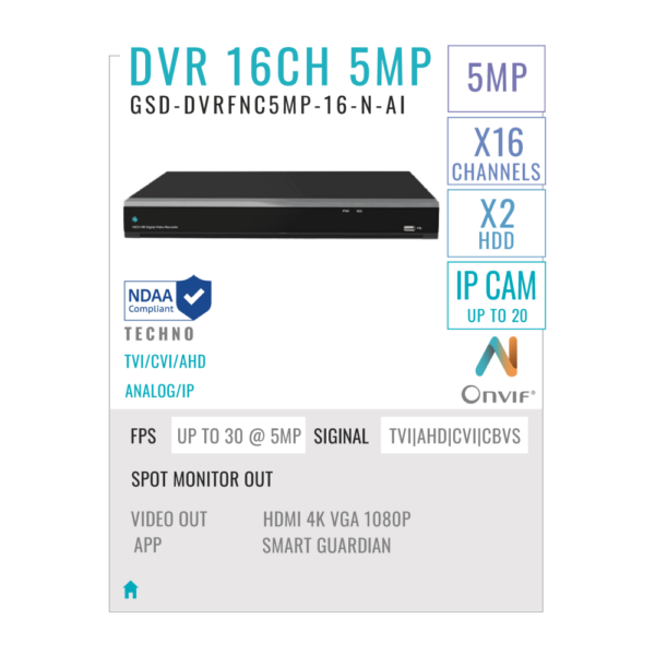 16 Channels DVR Recorder 5MP with AI
