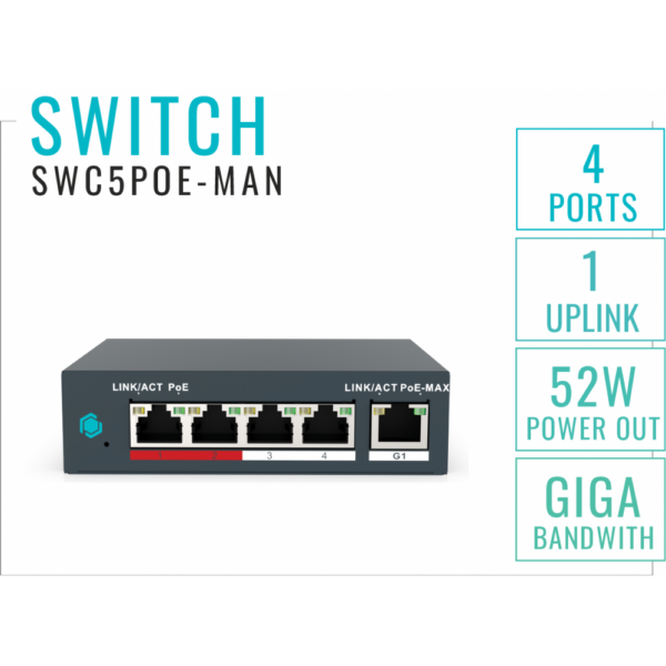 IP Edge KIT - 5 Ports Commutateur + 4 X Eyeball 8MP/4K Camera with AI – 64G