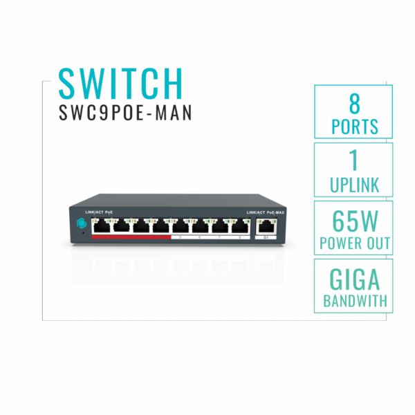 IP Edge KIT - 9 Ports Commutateur + 6 X Eyeball 8MP/4K Camera with AI – 64G