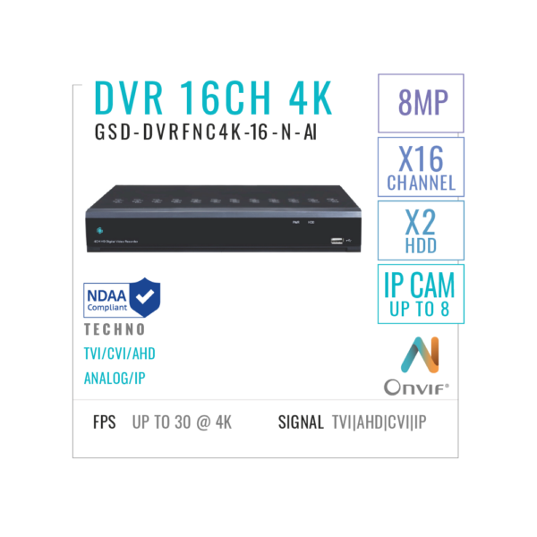 16 Channels DVR Recorder 8MP/4K with AI + HDD